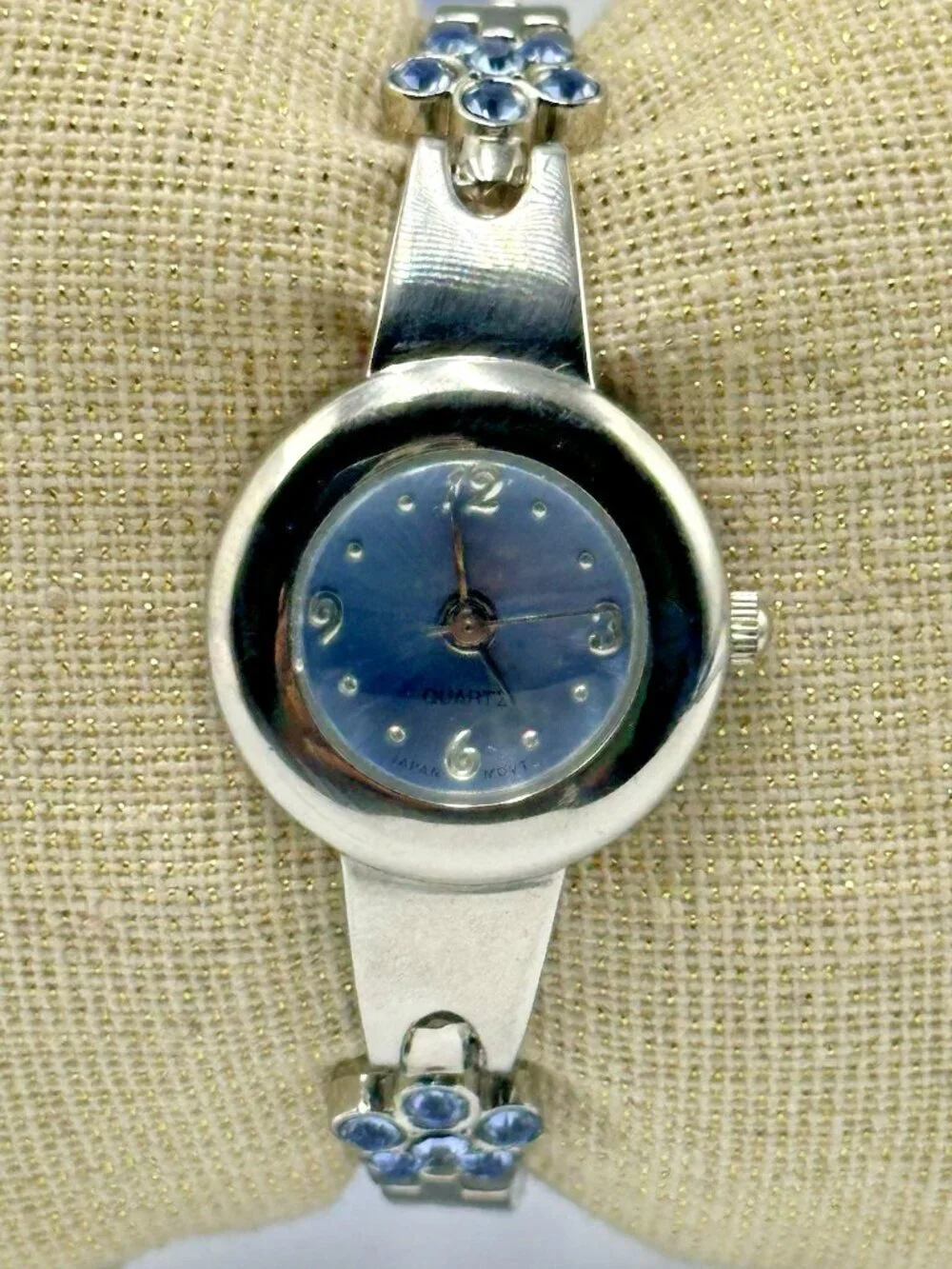 3/$30 Blue Rhinestone Watch Women Silver Tone Cuff Bangle Bracelet New Battery